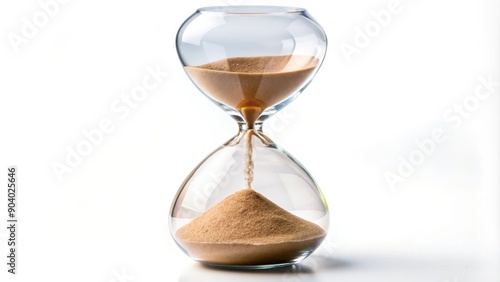 This image features a classic hourglass sand timer with sand flowing from the top to the bottom, symbolizing the passage of time, deadline, urgency, and the finite nature of life.