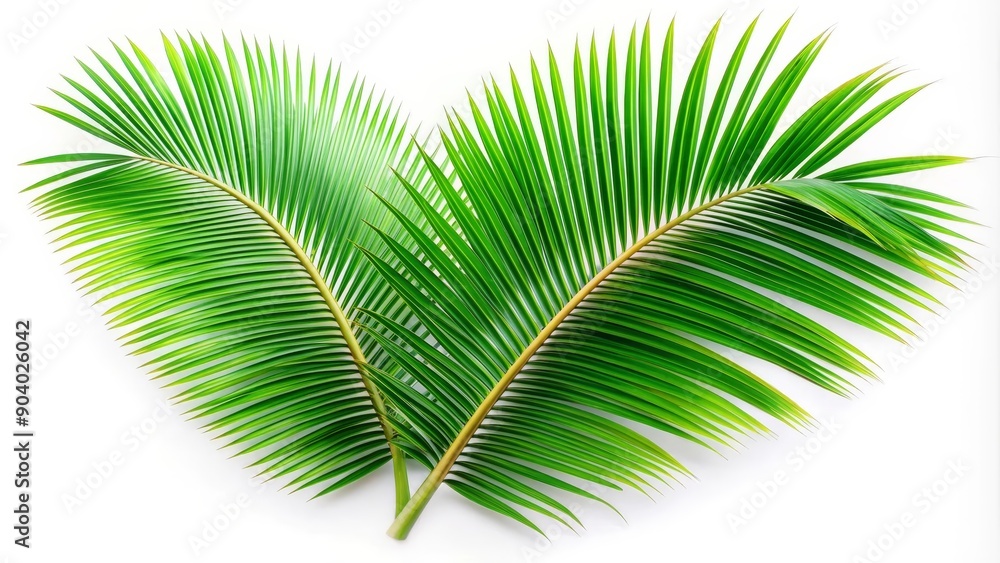 Obraz premium Two palm fronds, green and vibrant, isolated against a white background, symbolizing tropical paradise, summer vacation, nature's beauty, growth and renewal.