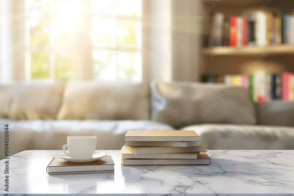 Modern living room, marble coffee table, stack of books on sofa, copy space, bright light, minimalist style, bookcase, blurred window, coffee cup. Modern living room, marble coffee table, stack of books on sofa, copy space, bright light, minimalist style, bookcase, blurred window, coffee cup.