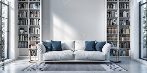 Modern Living Room with Minimalist Design Featuring a Sofa, Bookshelves, and White Walls. The Space Showcases Blue Accents, Natural Light, Clean Lines, and a Neutral Color Palette. 