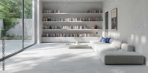 Modern Living Room with Minimalist Design Featuring a Sofa, Bookshelves, and White Walls. The Space Showcases Blue Accents, Natural Light, Clean Lines, and a Neutral Color Palette. 
