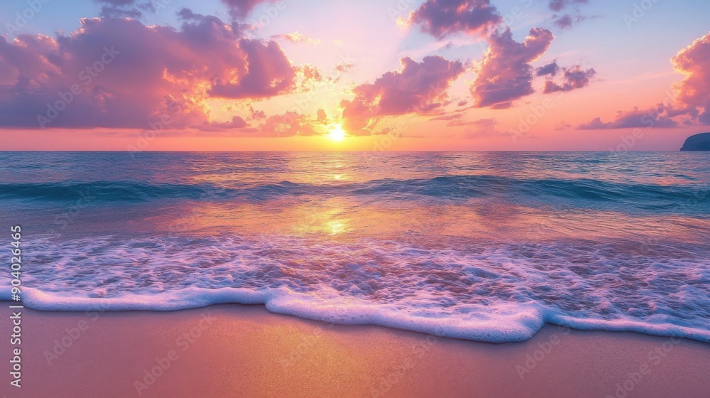 Obraz premium A peaceful beach with gentle waves and a vibrant sunset 