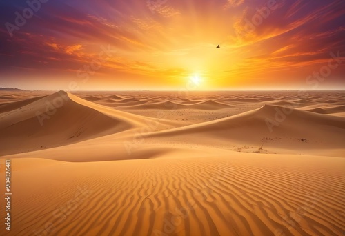 Mystical yellow abstract background featuring a vast desert of yellow sand dunes under a sunset, with surreal mirages and a large yellow phoenix soaring in the sky