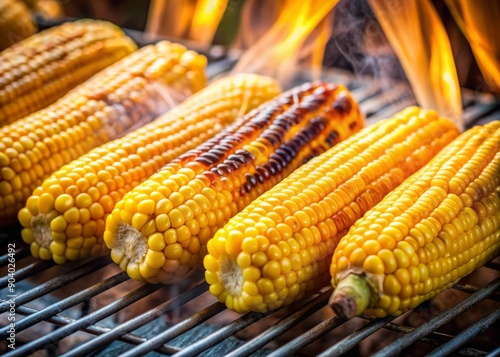 Freshly husked yellow corn on the cob sizzles on a preheated grill, slightly charred and smoky, with a few loose kernels scattered around. photo