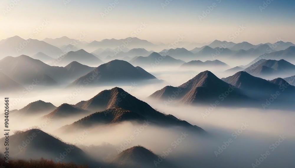 Background image of North Korea's mountains with mist and early morning light creating a mystical effect
Background image of North Korea's mountains with mist and early morning light creating a mystical effect