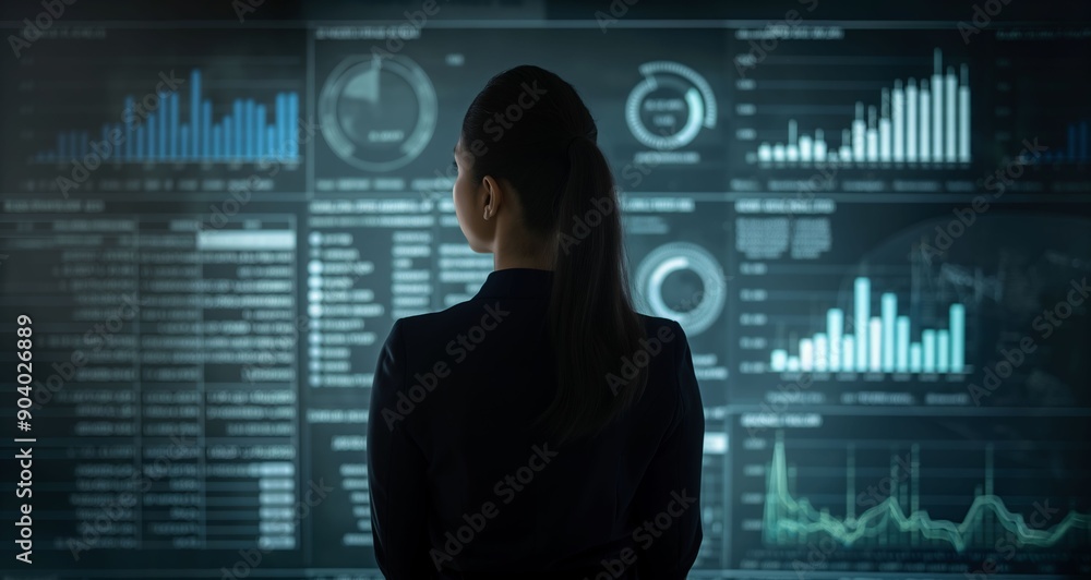 Businesswoman in front of digital screen with data analytics and icons, representing marketing technology for growth. Businesswoman in front of digital screen with data analytics and icons, representing marketing technology for growth.