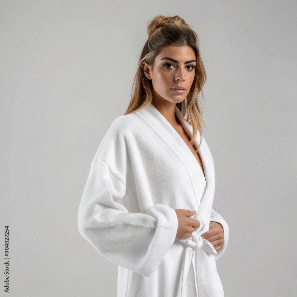 Medium shot of woman in bathroom robe, isolated on a white background,  