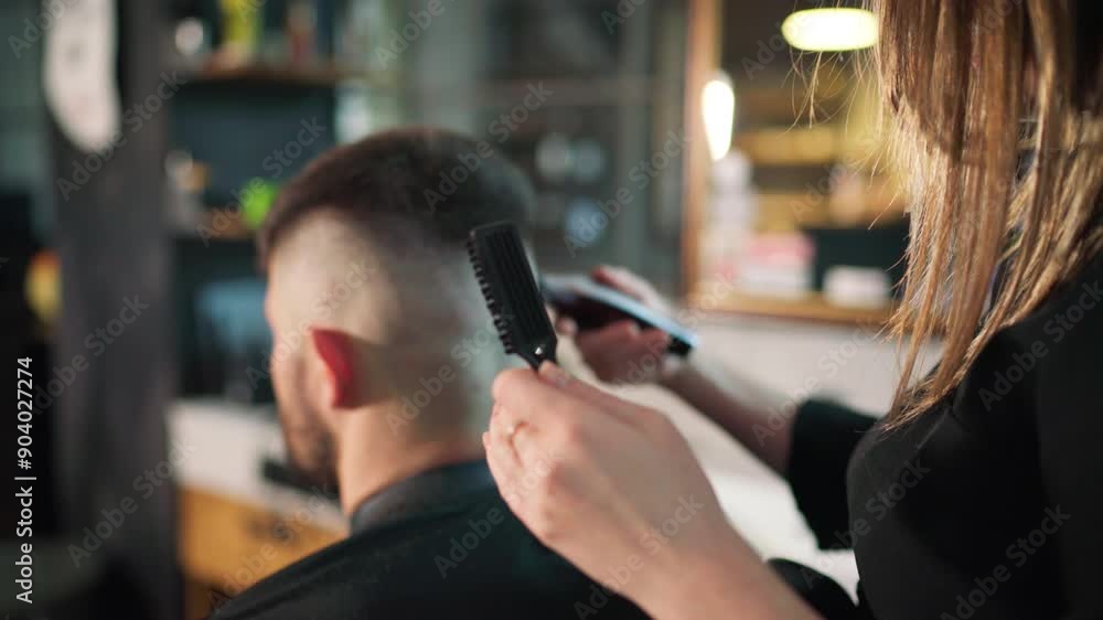 Young female barber making men's undercut haircut hairstyle using Haircut Clipper in Modern style barber shop. Haircare service local small business, cosmetics and personal care industry 4K video Young female barber making men's undercut haircut hairstyle using Haircut Clipper in Modern style barber shop. Haircare service local small business, cosmetics and personal care industry 4K video
