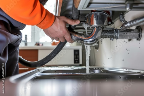 Plumber Unclogging A Kitchen Sink Drain Plumber Unclogging A Kitchen Sink Drain With Pipe Cleaning Machine photo