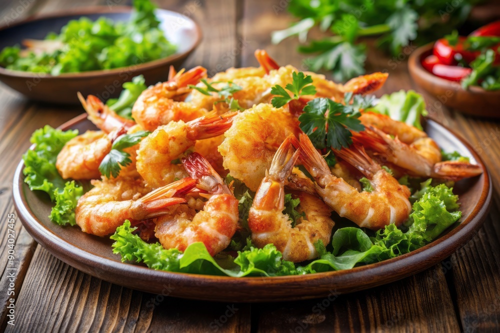 Juicy golden fried shrimps piled high on a plate, surrounded by a fresh herb salad, creating a mouthwatering Asian-inspired seafood snack at a restaurant. Juicy golden fried shrimps piled high on a plate, surrounded by a fresh herb salad, creating a mouthwatering Asian-inspired seafood snack at a restaurant.