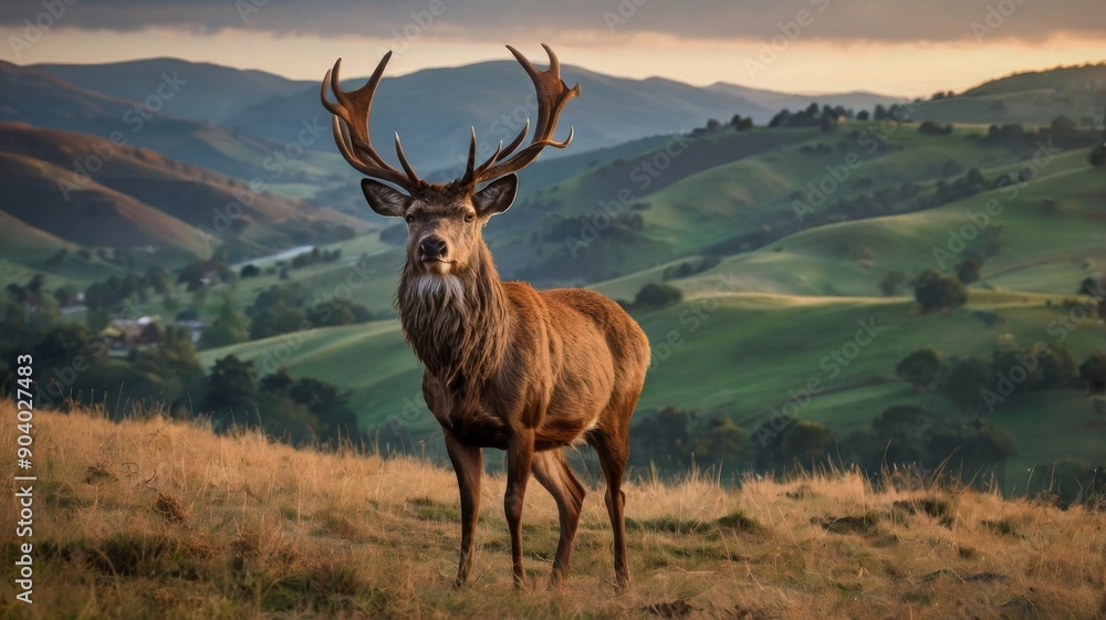 Fototapeta premium A majestic male deer stands proudly on a grassy hillside, showcasing its impressive antlers against a scenic backdrop of rolling hills.
