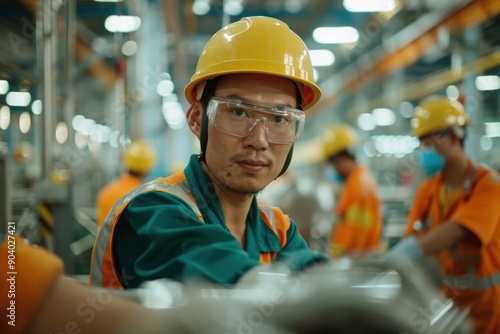 A man in a yellow hard hat and safety glasses is working in a factory, highlighting the theme of industrial safety and manual labor in a bustling manufacturing environment. photo