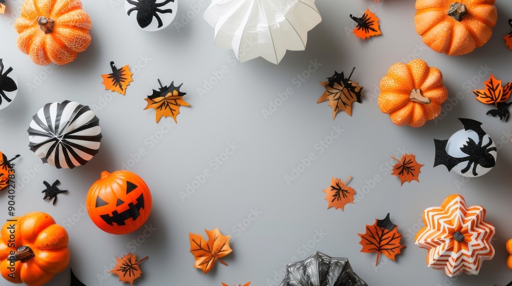 A Halloween scene with pumpkins, leaves, and bats A Halloween scene with pumpkins, leaves, and bats