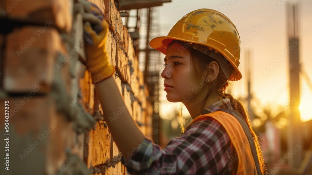 Young woman construction worker focused on constructing a brick wall at a construction site during sunset Young woman construction worker focused on constructing a brick wall at a construction site during sunset
