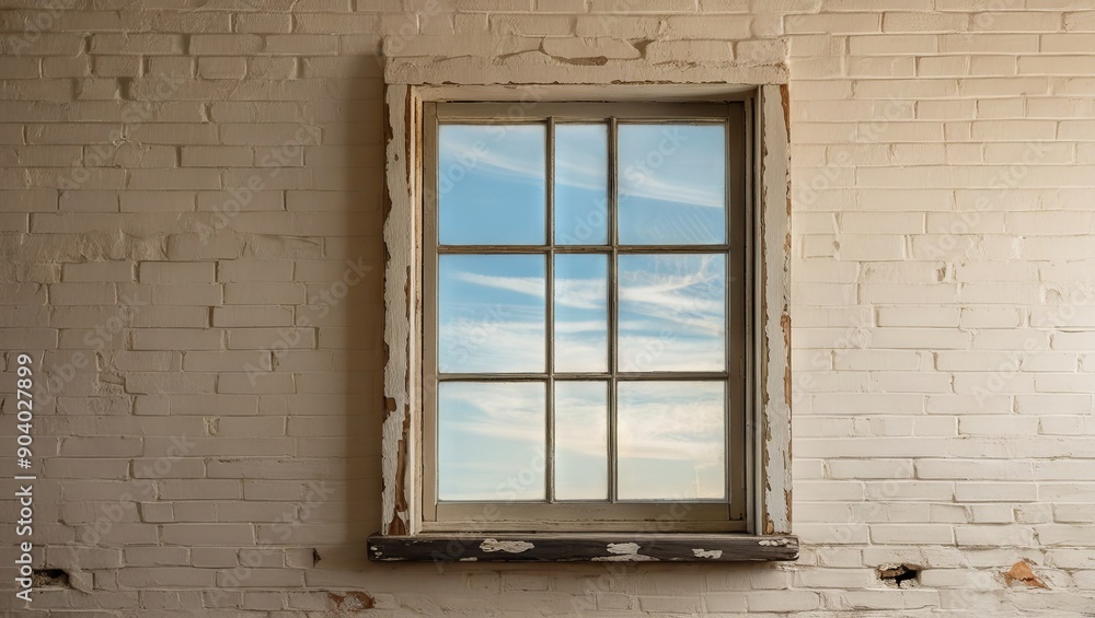 A weathered wooden window frame showcasing a serene blue sky with wispy clouds. A weathered wooden window frame showcasing a serene blue sky with wispy clouds.