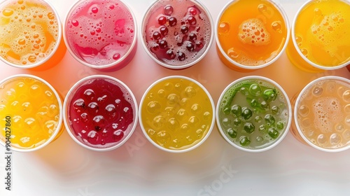 Top view of colorful bubble tea cups with popping boba and ice, arranged in a pattern on a white background.
