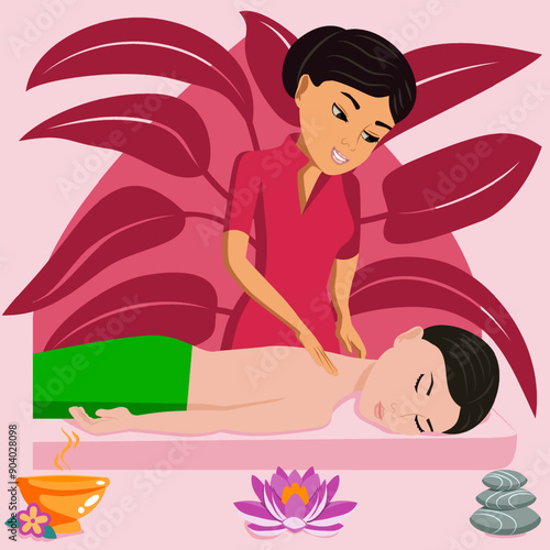 Swedish massage with professional massage therapis in spa. Middle Eastern and Asian ethnicity. Isolated flat vector illustration.