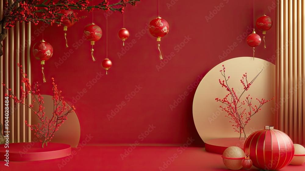 Festive background Happy New Year in Asian style. Happy Chinese New Year banner background template. Decoration with traditional festival lanterns on a red background. Festive background Happy New Year in Asian style. Happy Chinese New Year banner background template. Decoration with traditional festival lanterns on a red background.