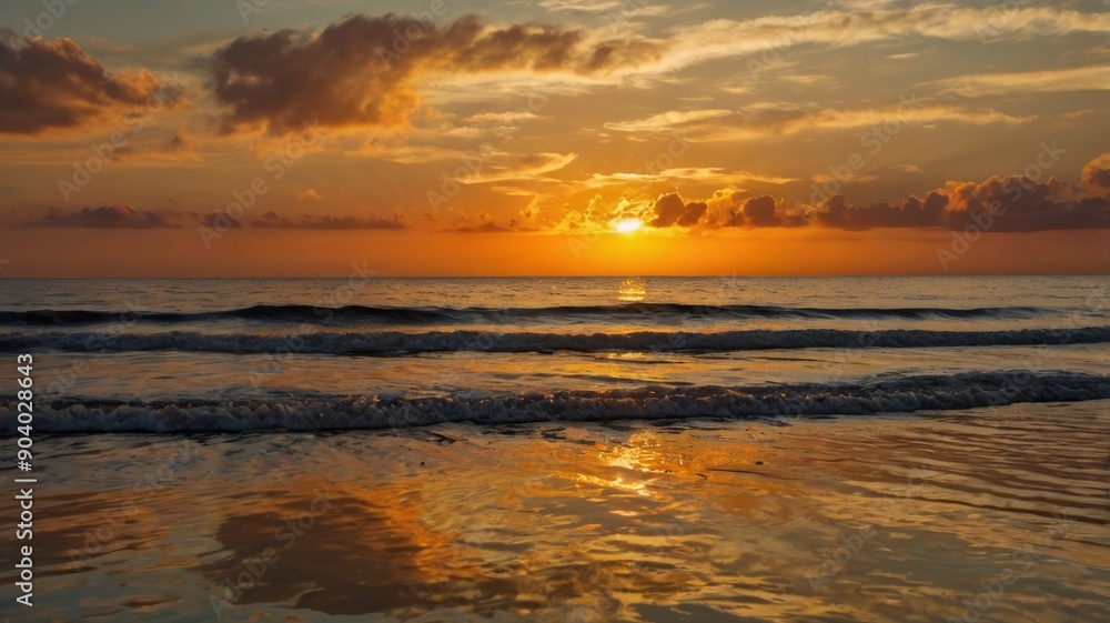 Obraz premium A breathtaking sunset over the calm ocean, with golden and orange hues reflecting on the water's surface.