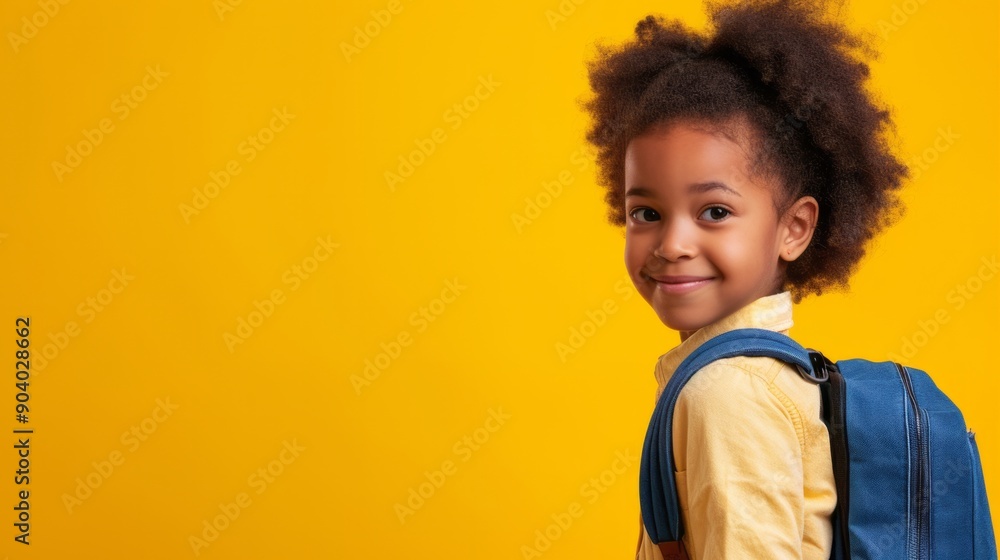 Cute girl, a junior school student, stands with a backpack on her back looking at camera getting ready to go to school. Concept of back to school, learning, school times, banner with copyspace Cute girl, a junior school student, stands with a backpack on her back looking at camera getting ready to go to school. Concept of back to school, learning, school times, banner with copyspace