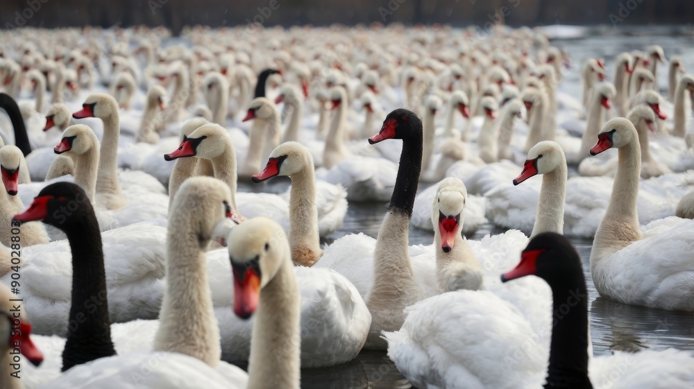 Obraz premium A serene gathering of swans, featuring a striking contrast between white and black feathers in a tranquil water setting.