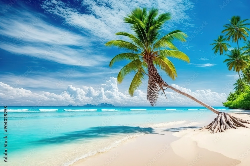 Fototapeta premium Lush palm tree on idyllic tropical beach with blue sky and white sand.
