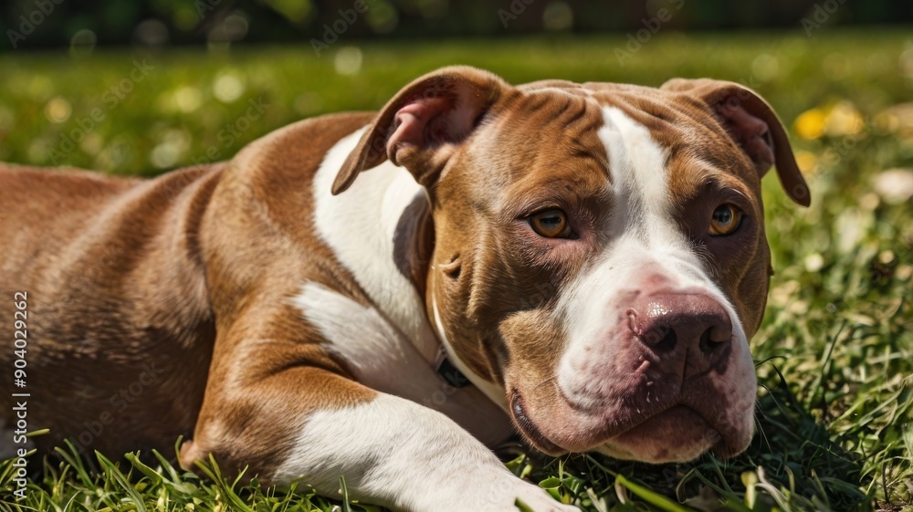 A relaxed brown and white American Pit Bull Terrier lounging on green grass, enjoying a sunny day. A relaxed brown and white American Pit Bull Terrier lounging on green grass, enjoying a sunny day.