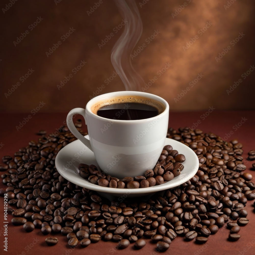 Obraz premium Freshly brewed coffee cup surrounded by aromatic coffee beans.