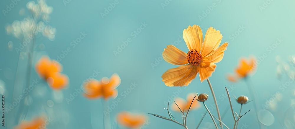 Blurred image of Cosmos Sulphureus against a pale blue backdrop with copy space image Blurred image of Cosmos Sulphureus against a pale blue backdrop with copy space image