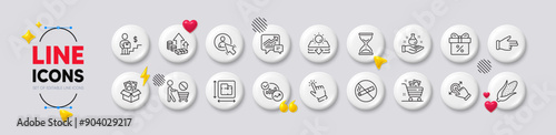 Time hourglass, Corn and Accounting line icons. White buttons 3d icons. Pack of Inflation, Discount offer, Click hand icon. Stop shopping, Bribe, Touchscreen gesture pictogram. Vector