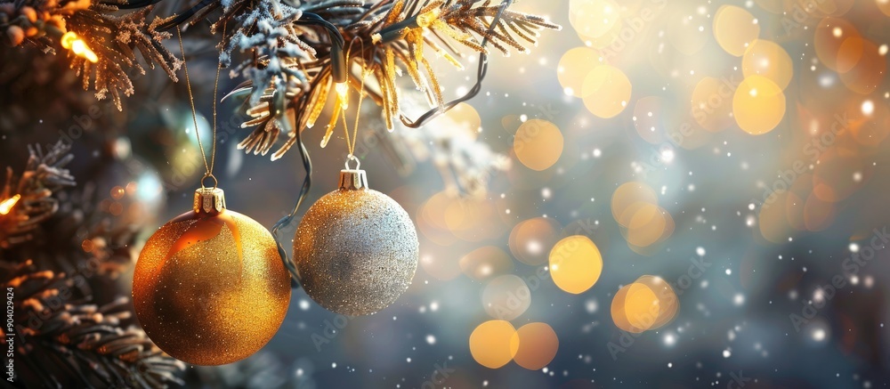 Fototapeta premium Decorative Christmas ornaments in yellow and silver colors hang on a tree branch against a blurred background ideal for a festive copy space image