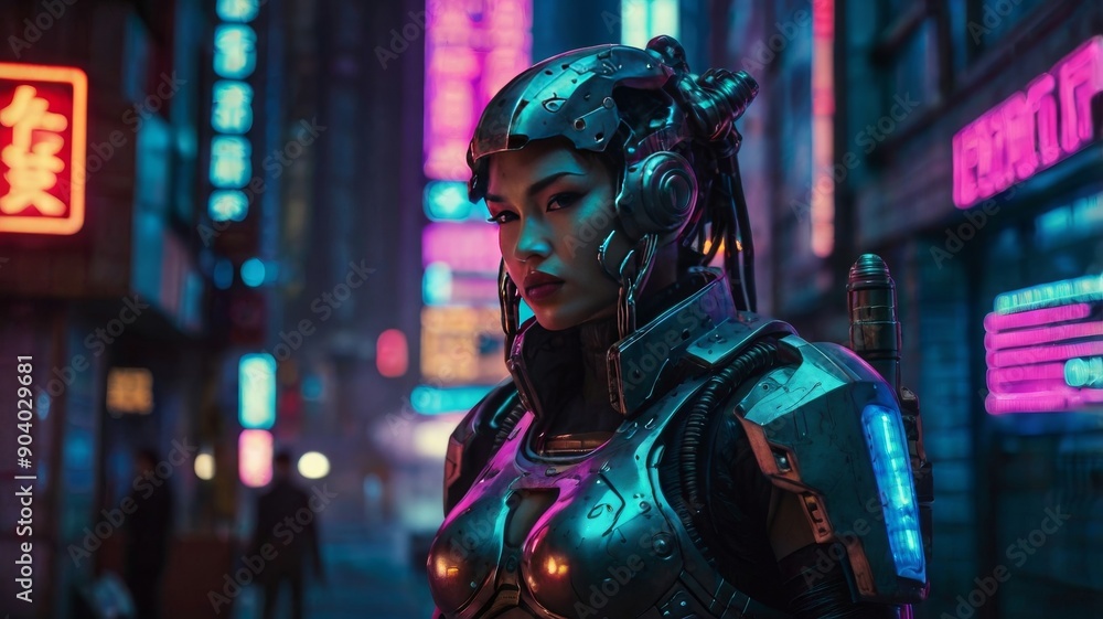 A female Asian cybernetic warrior stands in a neon-lit urban setting, showcasing futuristic armor and intense expression. A female Asian cybernetic warrior stands in a neon-lit urban setting, showcasing futuristic armor and intense expression.