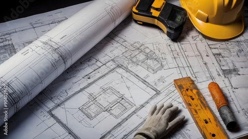 Close-up of construction blueprints with measuring tools and safety equipment.