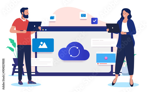 Cloud work - People working on computer online in the digital cloud together. Cooperating and efficient online teamwork concept in flat design vector illustration on white background