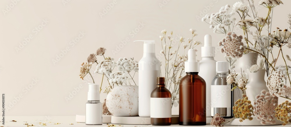 Various cosmetic bottles in white brown and cream containing dry flowers with a blank label for branding creating a beauty product concept with copy space image Various cosmetic bottles in white brown and cream containing dry flowers with a blank label for branding creating a beauty product concept with copy space image