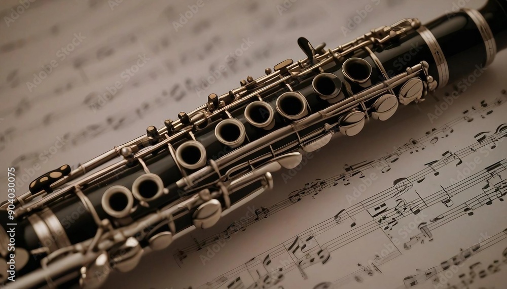 Obraz premium Clarinet placed on a sheet of music with soft, ambient lighting highlighting the instrument's details