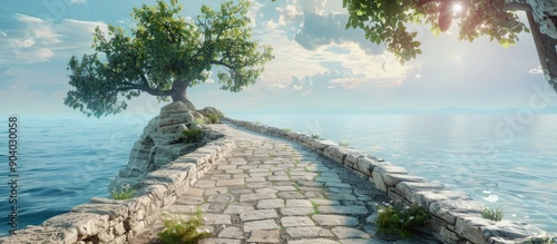 Fototapeta Naklejka Na Ścianę i Meble -  Stone paved bridge over sea with stunning natural scenery and vast ocean views perfect for photo ops with copy space image