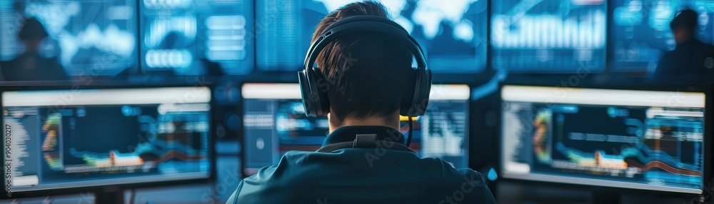 Person with headphones monitoring multiple computer screens in a high-tech control room filled with data displays. Person with headphones monitoring multiple computer screens in a high-tech control room filled with data displays.