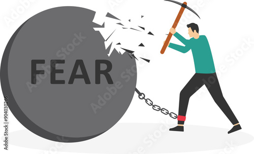 Businessman Fighting with Fear, Person Smashed chained fear ball, Face everything and Rise concept

