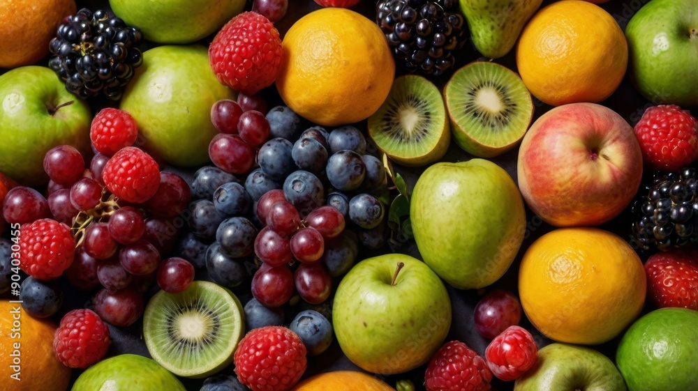 A vibrant assortment of fresh fruits including green apples, raspberries, kiwis, and oranges, creating a colorful and appetizing display.