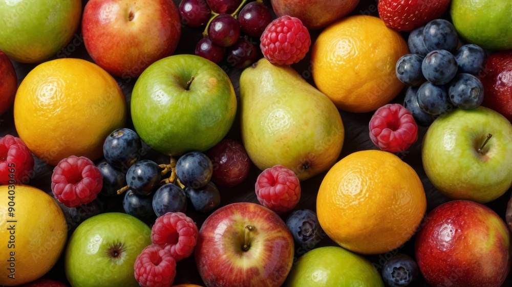 A vibrant assortment of fresh fruits including apples, pears, and berries arranged beautifully. A vibrant assortment of fresh fruits including apples, pears, and berries arranged beautifully.