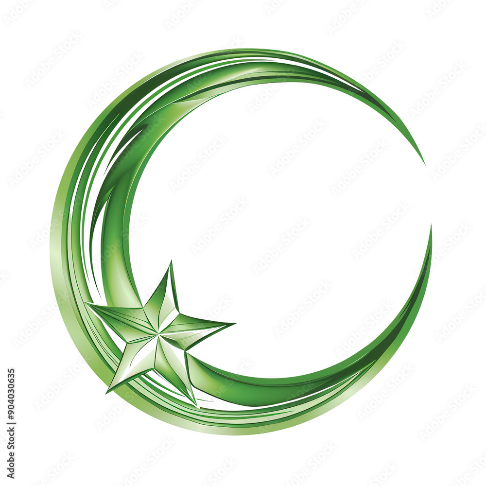 A green crescent moon and star symbol, representing Islamic culture and heritage, isolated on a white background. A green crescent moon and star symbol, representing Islamic culture and heritage, isolated on a white background.