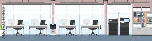 Modern office design, Empty working area with no people, Modern office interior, Skyscraper office with city view, Office interior horizontal background.