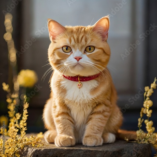 A charming orange tabby cat sits proudly amidst yellow flowers, showcasing its striking golden eyes and soft fur. photo