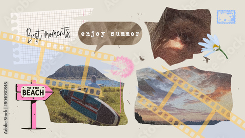 Summer cut out photo and craft paper elements for collage and scrapbooking. Retro photo sunset, surf with grain effect, vacation, travel, weekend theme. Torn film and clippings photocopy effect