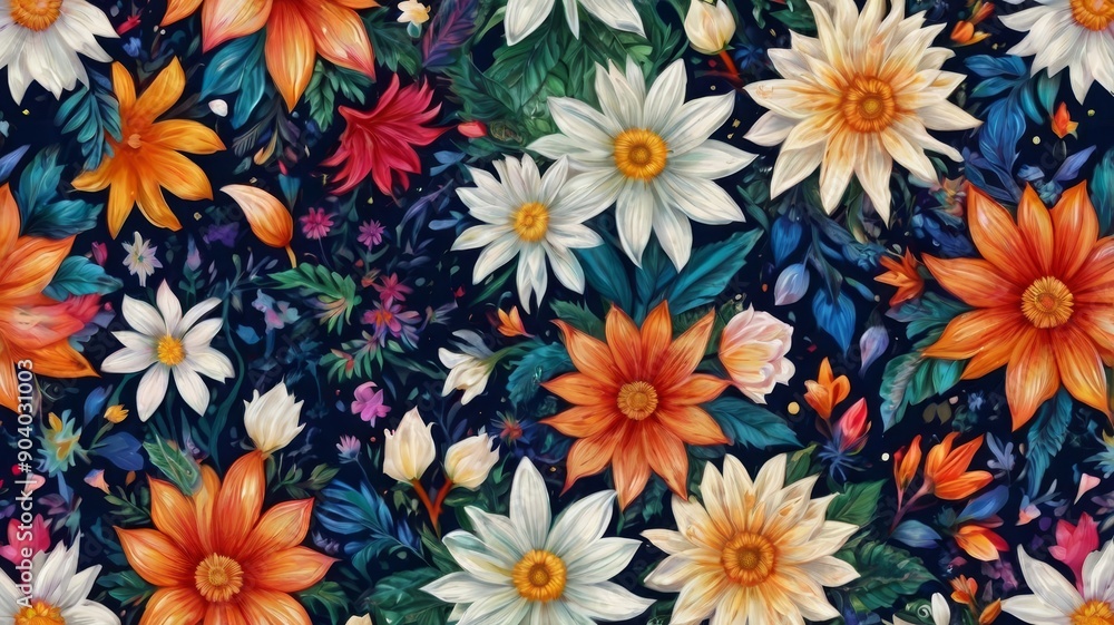 A vibrant floral pattern showcasing a variety of colorful flowers including orange, white, and yellow blooms on a dark background. A vibrant floral pattern showcasing a variety of colorful flowers including orange, white, and yellow blooms on a dark background.