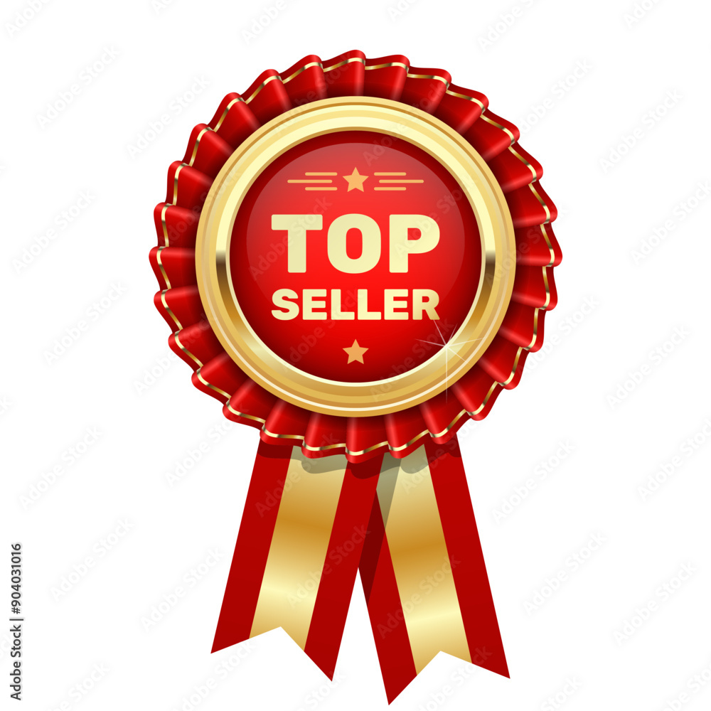 Red rosette Top seller, gold badge or medal with word topseller, popular product pin, vector Red rosette Top seller, gold badge or medal with word topseller, popular product pin, vector