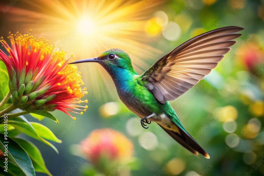 Vibrant hummingbird in mid-air, surrounded by lush tropical foliage, sips nectar from a bright blooming flower, its iridescent feathers glimmering in sunlight. Vibrant hummingbird in mid-air, surrounded by lush tropical foliage, sips nectar from a bright blooming flower, its iridescent feathers glimmering in sunlight.