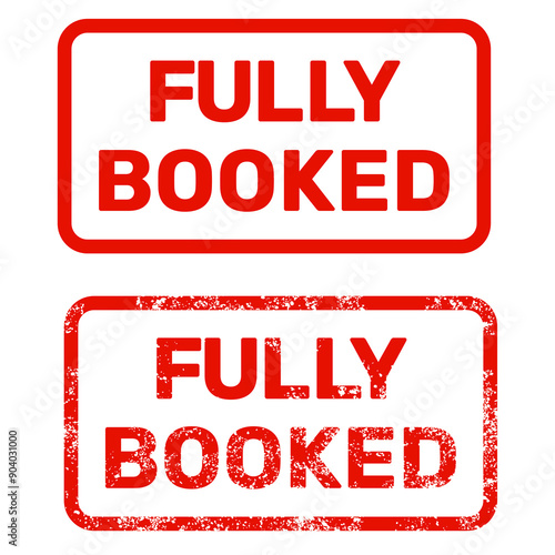 Fully booked red stamp, completely reserved or full up label, no vacant rooms or items, vector