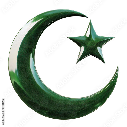 Green crescent and star symbol representing Islamic culture and tradition, isolated on a white background. photo